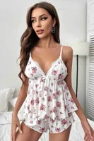 İnce Askılı Çiçekli Dantel Detay Şortlu Pijama Takım Gecelik Beyaz Merry See MS4440 Beyaz görsel 5