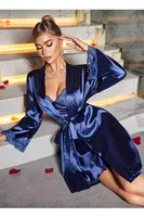 İnce Askılı Lacivert Saten 2li Gecelik Sabahlık Takımı Real Passione 3057 Lacivert görsel 6