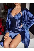 İnce Askılı Lacivert Saten 2li Gecelik Sabahlık Takımı Real Passione 3057 Lacivert görsel 7
