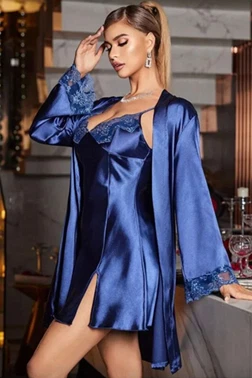 Real Passione İnce Askılı Lacivert Saten 2li Gecelik Sabahlık Takımı Real Passione 3057 - Alternatif Görünüm