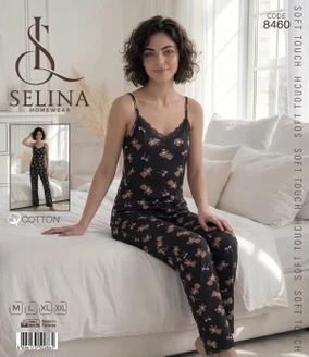 Tekten İp Askılı Pijama Takım Ayıcık Desenli Siyah Selina 8460
