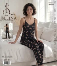 Tekten İp Askılı Pijama Takım Ayıcık Desenli Siyah Selina 8460