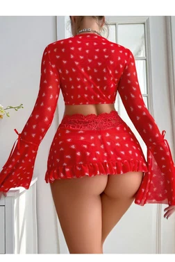 Lily Bianca İspanyol Kol Kalp Figürlü Mini Etekli Kırmızı Lingerie Set Lily Bianca LB-312 - Alternatif Görünüm
