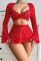 İspanyol Kol Kalp Figürlü Mini Etekli Kırmızı Lingerie Set Lily Bianca LB-312 Kırmızı görsel 4