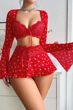 Lily Bianca İspanyol Kol Kalp Figürlü Mini Etekli Kırmızı Lingerie Set Lily Bianca LB-312