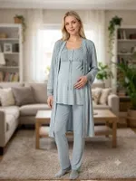Jakar Viskon Kadın 3'lü Pijama Takımı Bone Club 6310 Mavi görsel 6