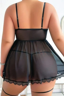 Jartiyer Bantlı Bağcıklı Dantelli Siyah Büyük Beden Babydoll NightLight 3886 - Alternatif Görünüm