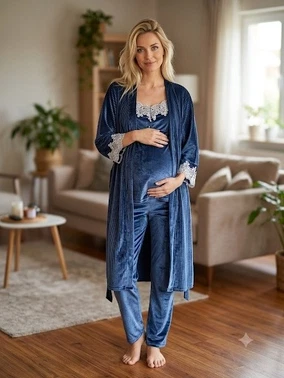 Kadife Askılı Kadın 3'lü Pijama Takımı Bone Club 6316 - Alternatif Görünüm