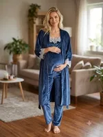 Kadife Askılı Kadın 3'lü Pijama Takımı Bone Club 6316 Lacivert detay görünüm