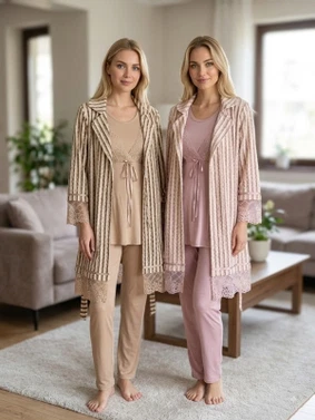 Kadife Desenli Kadın 3'lü Pijama Takımı Bone Club 6329 - Alternatif Görünüm