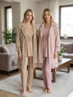 Kadife Desenli Kadın 3'lü Pijama Takımı Bone Club 6329 detay görünüm