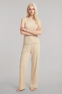 Kadın Bej Bisiklet Yaka Kolsuz Pijama Takımı Akbeniz Y1200