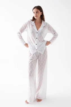 Kadın Beyaz Şeffaf Jakar Düğmeli Pijama Takımı Akbeniz 27970