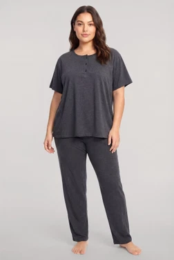 Kadın Büyük Beden Antrasit Düğmeli Kısa Kollu Pijama Takımı Akbeniz 202620 - Alternatif Görünüm