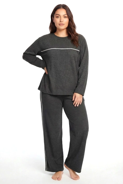 Kadın Büyük Beden Antrasit Şerit Detaylı Uzun Kollu Kalın Pijama Takımı Akbeniz 202601