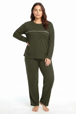 Kadın Büyük Beden Haki Şerit Detaylı Uzun Kollu Kalın Pijama Takımı Akbeniz 202601