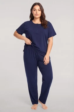 Kadın Büyük Beden Lacivert Düğmeli Kısa Kollu Pijama Takımı Akbeniz 202620