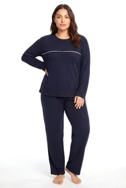 Kadın Büyük Beden Lacivert Şerit Detaylı Uzun Kollu Kalın Pijama Takımı Akbeniz 202601