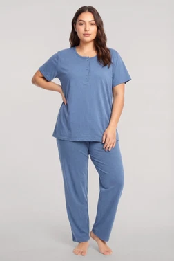 Kadın Büyük Beden Mavi Düğmeli Kısa Kollu Pijama Takımı Akbeniz 202620