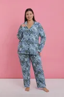 Kadın Büyük Beden Mavi Tropikal Desenli Düğmeli Pijama Takımı Akbeniz 202524 Mavi görsel 4