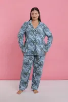 Kadın Büyük Beden Mavi Tropikal Desenli Düğmeli Pijama Takımı Akbeniz 202524 Mavi görsel 5