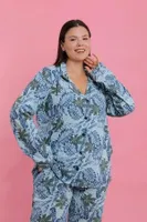 Kadın Büyük Beden Mavi Tropikal Desenli Düğmeli Pijama Takımı Akbeniz 202524 Mavi farklı açı