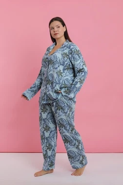 Kadın Büyük Beden Mavi Tropikal Desenli Düğmeli Pijama Takımı Akbeniz 202524 - Alternatif Görünüm