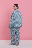 Kadın Büyük Beden Mavi Tropikal Desenli Düğmeli Pijama Takımı Akbeniz 202524 Mavi görsel 6