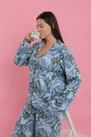 Kadın Büyük Beden Mavi Tropikal Desenli Düğmeli Pijama Takımı Akbeniz 202524 Mavi