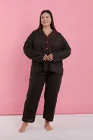 Kadın Büyük Beden Siyah Kırmızı Çiçekli Düğmeli Pijama Takımı Akbeniz 202523 Siyah