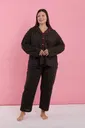 Kadın Büyük Beden Siyah Kırmızı Çiçekli Düğmeli Pijama Takımı Akbeniz 202523