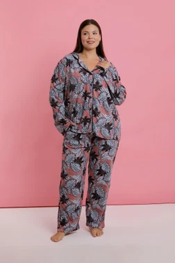 Kadın Büyük Beden Somon Yaprak Desenli Düğmeli Pijama Takımı Akbeniz 202524 - Alternatif Görünüm