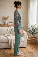 Kadın Çiçek Desen Patlı Yeşil Pijama Takımı Çift Kaplan 7204 Yeşil detay görünüm