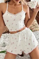 Kadın Çiçek Desenli Dantel Askılı Şortlu Pijama Takım Ruselin 5235 Beyaz farklı açı