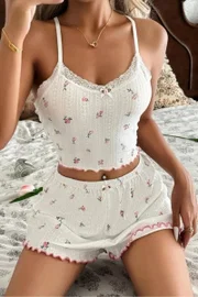 Kadın Çiçek Desenli Dantel Askılı Şortlu Pijama Takım Ruselin 5235