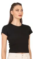 Kadın Crop Pamuklu Kaşkorse Esnek Rahat Bisiklet Yaka Kısa Kollu T-shirt Bluz Özkan 27433 Siyah görsel 8