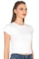 Kadın Crop Pamuklu Kaşkorse Esnek Rahat Bisiklet Yaka Kısa Kollu T-shirt Bluz Özkan 27433 Beyaz farklı açı