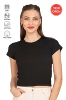 Kadın Crop Pamuklu Kaşkorse Esnek Rahat Bisiklet Yaka Kısa Kollu T-shirt Bluz Özkan 27433 Siyah görsel 5