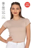 Kadın Crop Pamuklu Kaşkorse Esnek Rahat Bisiklet Yaka Kısa Kollu T-shirt Bluz Özkan 27433 Taş görsel 9