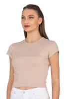 Kadın Crop Pamuklu Kaşkorse Esnek Rahat Bisiklet Yaka Kısa Kollu T-shirt Bluz Özkan 27433 Taş görsel 10