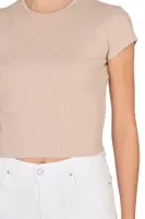 Kadın Crop Pamuklu Kaşkorse Esnek Rahat Bisiklet Yaka Kısa Kollu T-shirt Bluz Özkan 27433 Taş görsel 12