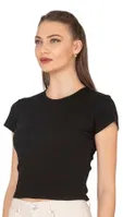 Kadın Crop Pamuklu Kaşkorse Esnek Rahat Bisiklet Yaka Kısa Kollu T-shirt Bluz Özkan 27433 Siyah görsel 7
