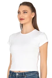 Kadın Crop Pamuklu Kaşkorse Esnek Rahat Bisiklet Yaka Kısa Kollu T-shirt Bluz Özkan 27433