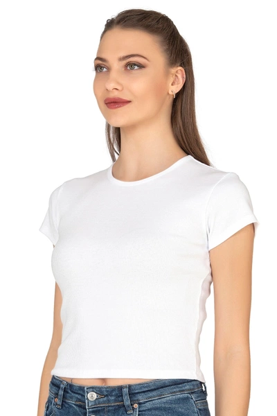 Kadın Crop Pamuklu Kaşkorse Esnek Rahat Bisiklet Yaka Kısa Kollu T-shirt Bluz Özkan 27433