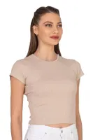 Kadın Crop Pamuklu Kaşkorse Esnek Rahat Bisiklet Yaka Kısa Kollu T-shirt Bluz Özkan 27433 Taş görsel 11