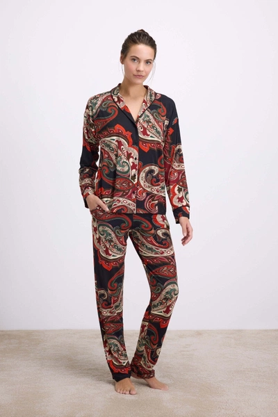 Kadın Desenli Uzun Kollu Gömlek ve Pantolon Pijama Takımı Anıl 11545