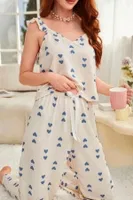 Kadın Ekru Mavi Kalp Desenli Kolsuz Pijama Takımı Ruselin 5137 Ekru farklı açı
