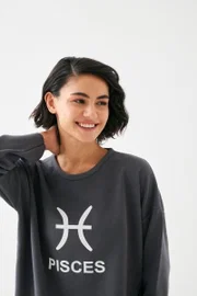 Kadın Füme Balık Burcu Baskılı Oversize 2 İplik Eşofman Takımı Akbeniz B9999