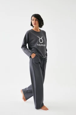 Kadın Füme Boğa Burcu Baskılı Oversize 2 İplik Eşofman Takımı Akbeniz B9999