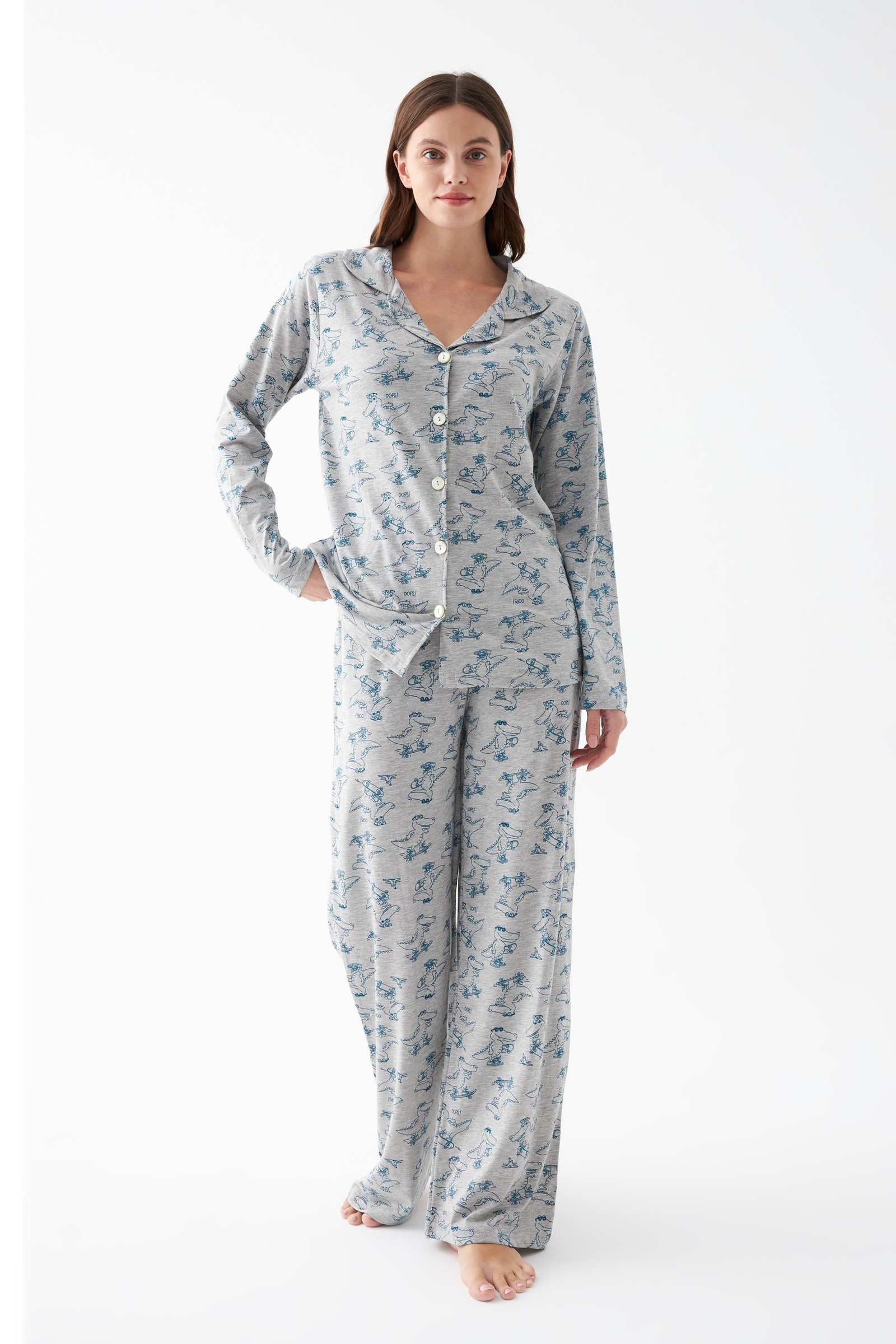 Kadın Gri Desenli Düğmeli Pamuklu Pijama Takımı Akbeniz 27955